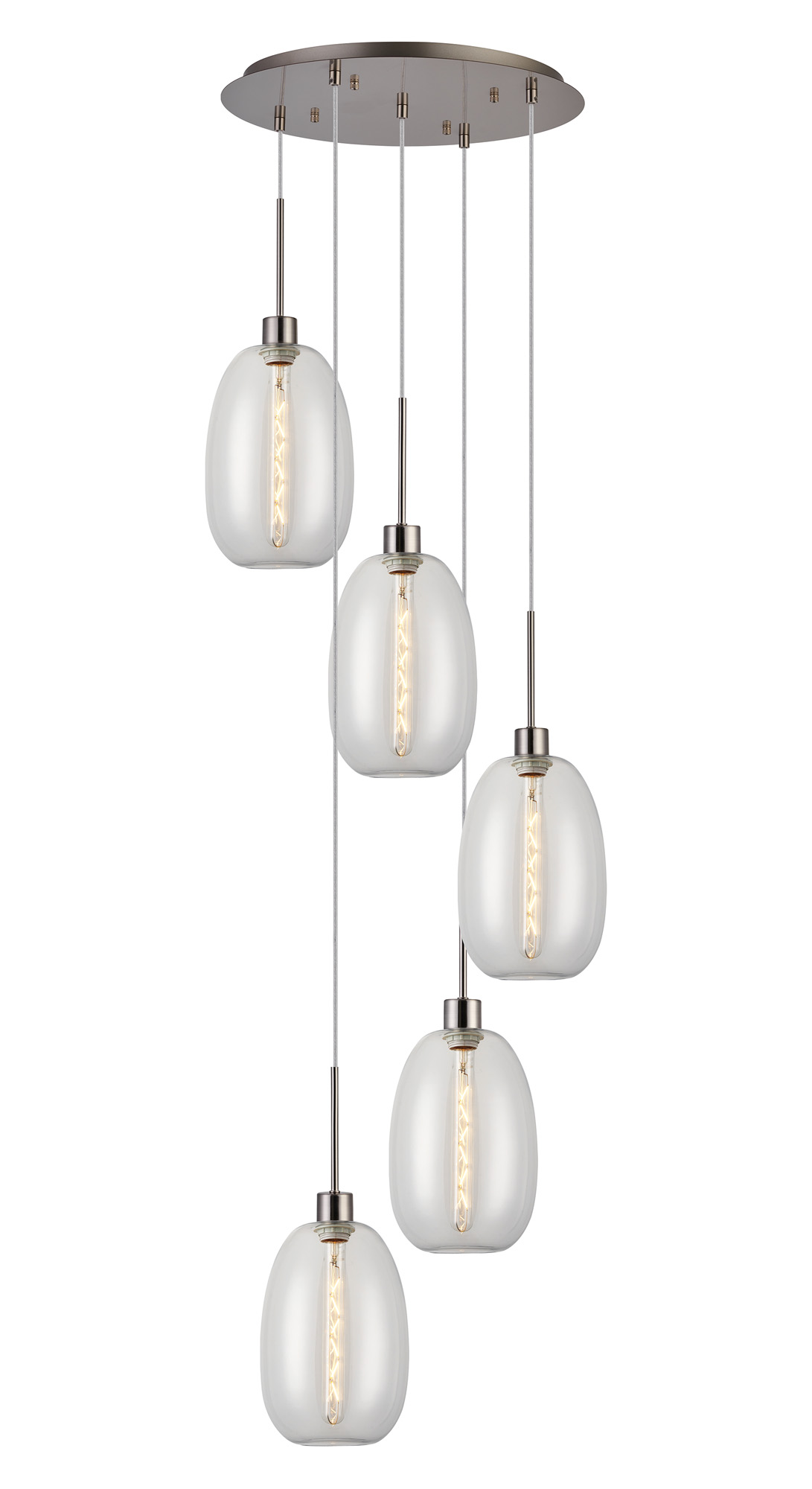 DK1376  Lori 45cm Round Pendant, 5 Light Adjustable E27, Satin Nickel/Clear Slim Curved Trapezium Shades